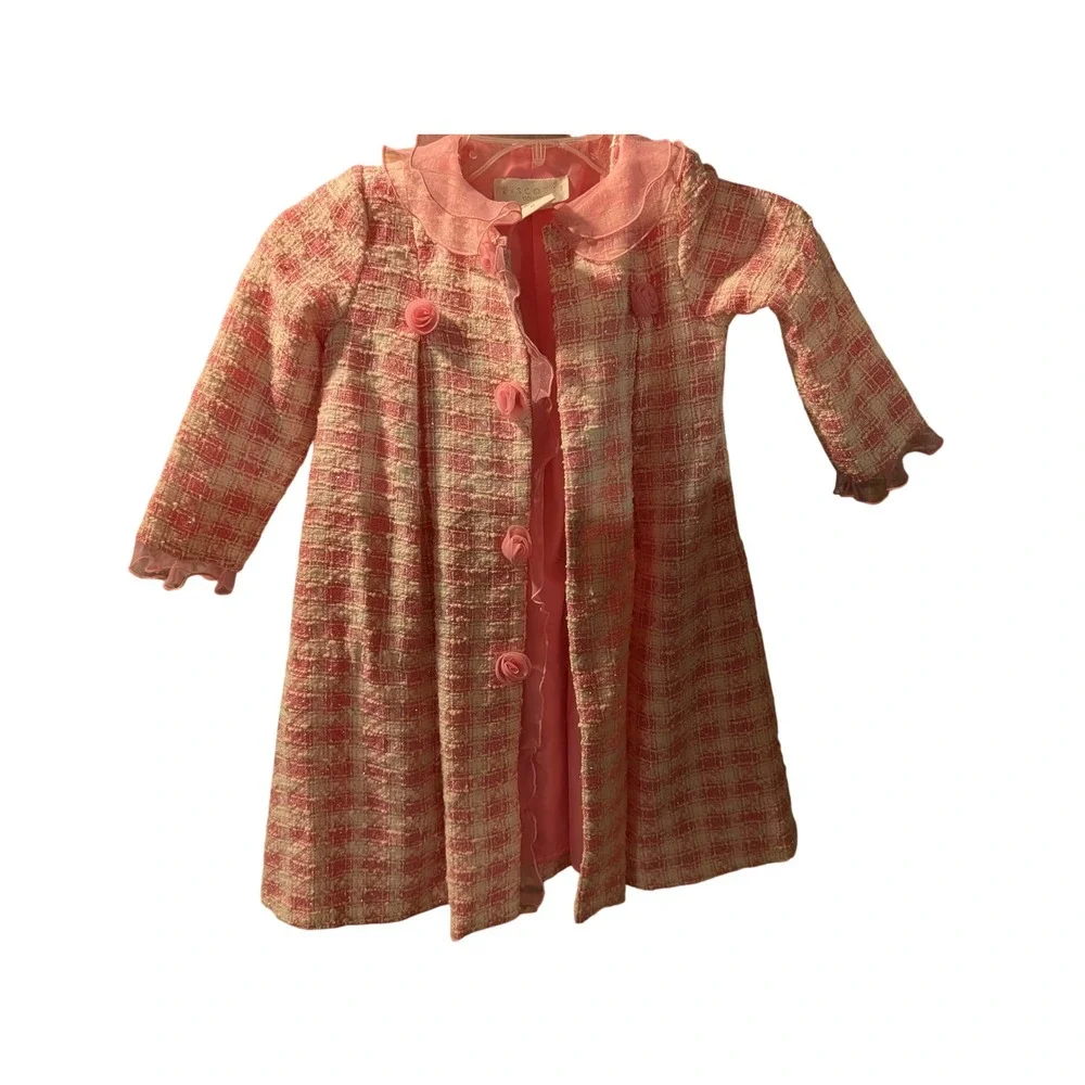 Biscotti Collezione Girls Pink White Tweed Plaid Ruffle Rosette Coat Dress 4T